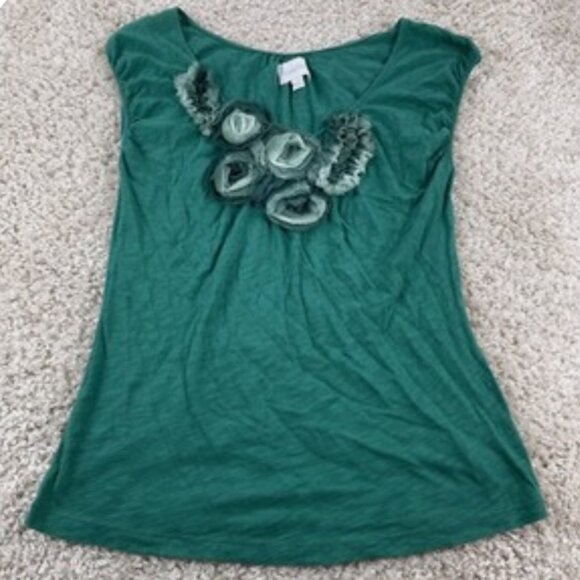Anthropologie Deletta Teal Floral Embellished 3D Scoop Neck Top - HTF! - Picture 1 of 3